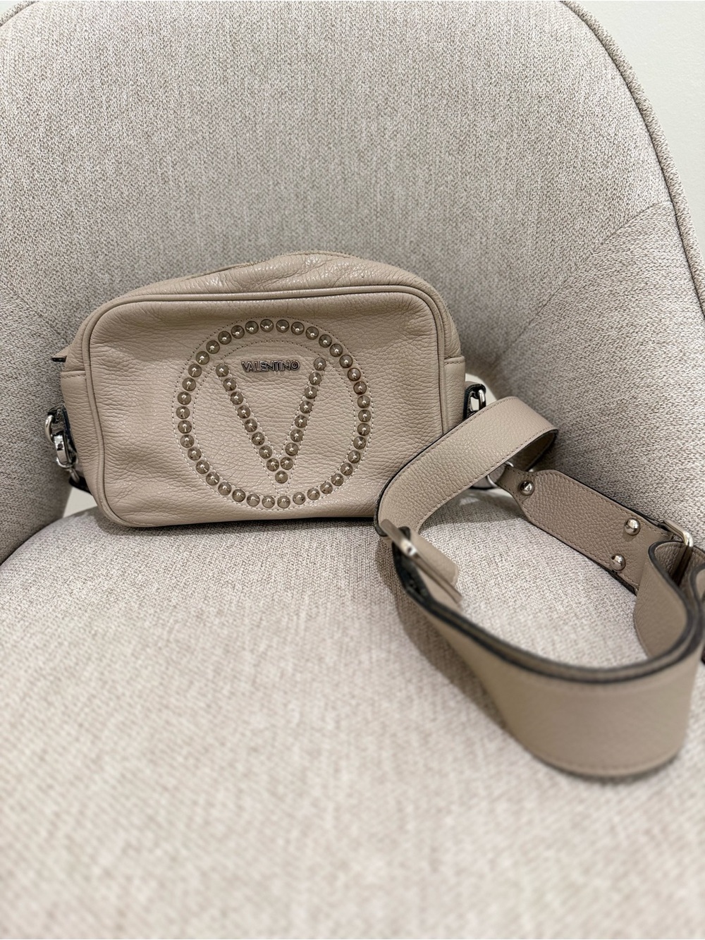 Valentino by Mario Valentino Taupe Studded Leather Camera Crossbody Bag